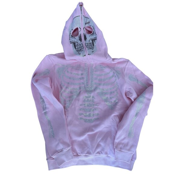 Guapi Men's Skeleton Hoodie Light Pink Silver Rhinestones Ltd Ed Size M (JB) - Picture 4 of 10